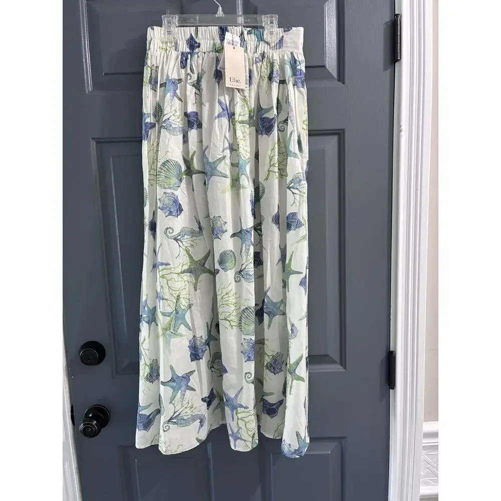Elie Tahari Maxi Skirt A-Line size Small Sea Shells Cotton Pockets White Blue - Picture 3 of 9